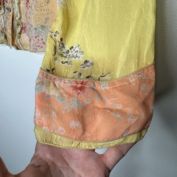 J Jill Ruffle Sheer Blouse Button Front Size S Floral Yellow Orange Cottagecore - Picture 3 of 14